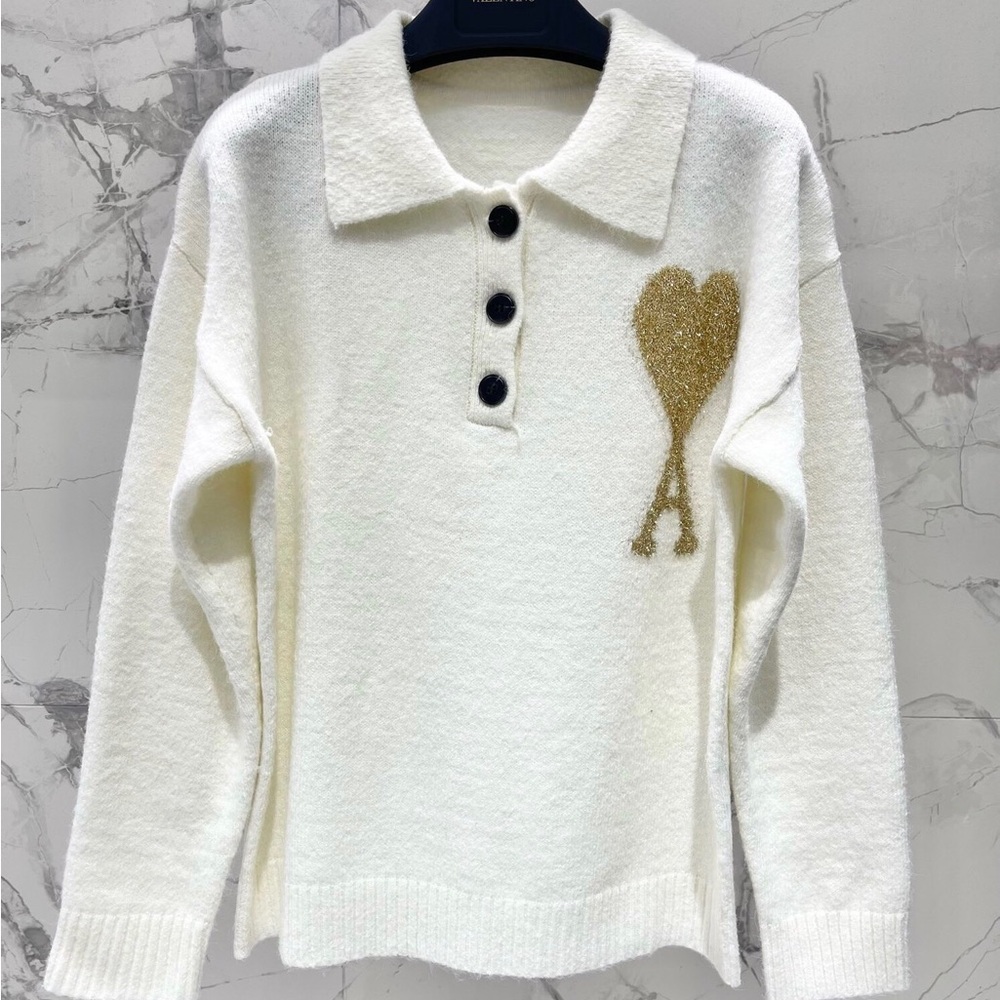 AMI autumn and winter new milky white gold thread peach heart sweater